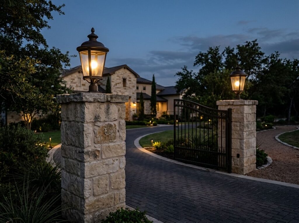Column Post Light landscape lighting fixture mounted on a square column, casting warm light downward.