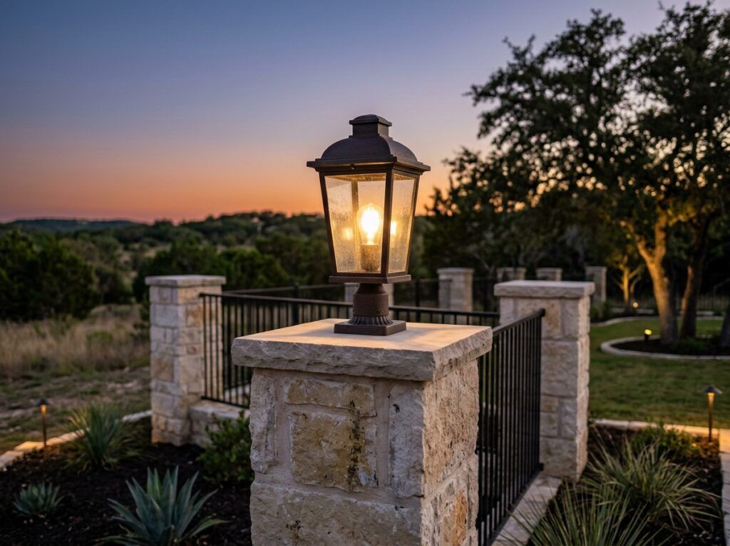 Column Post Light landscape lighting post fixture in black finish mounted on pillar, casting warm light downward.