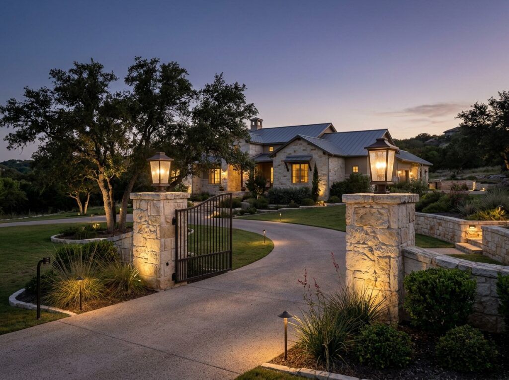 Column Post Light landscape lighting installed atop a stone column, casting a warm glow downward.