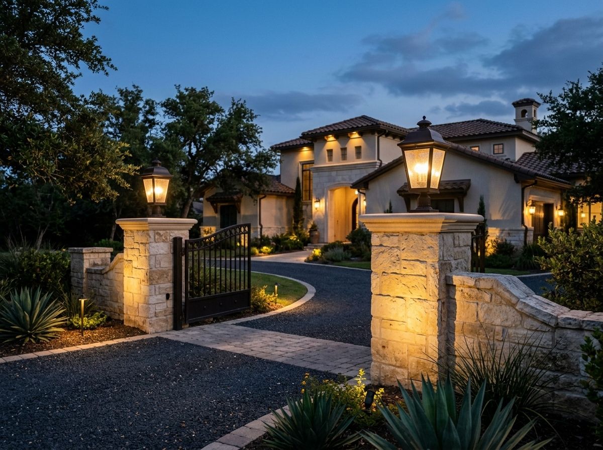 Column Post Light landscape lighting installed atop stone column, casting warm glow on nearby walkway.