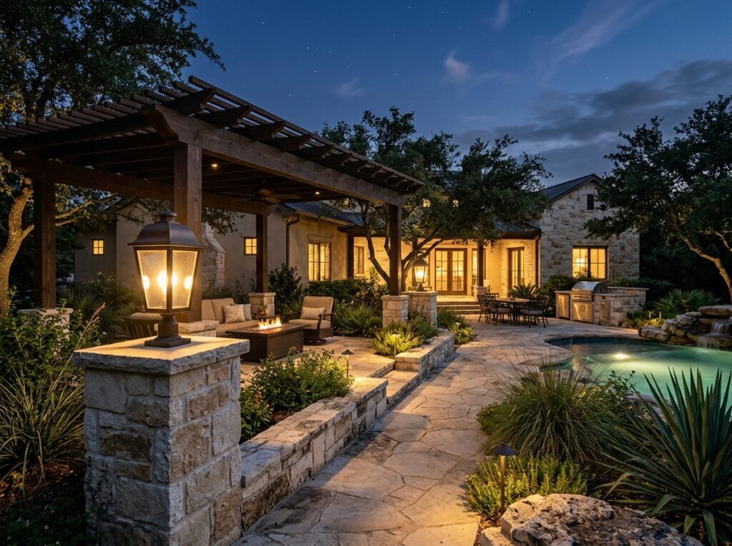 Column Post Light landscape lighting mounted on a stone column, casting a warm downward glow over the walkway.