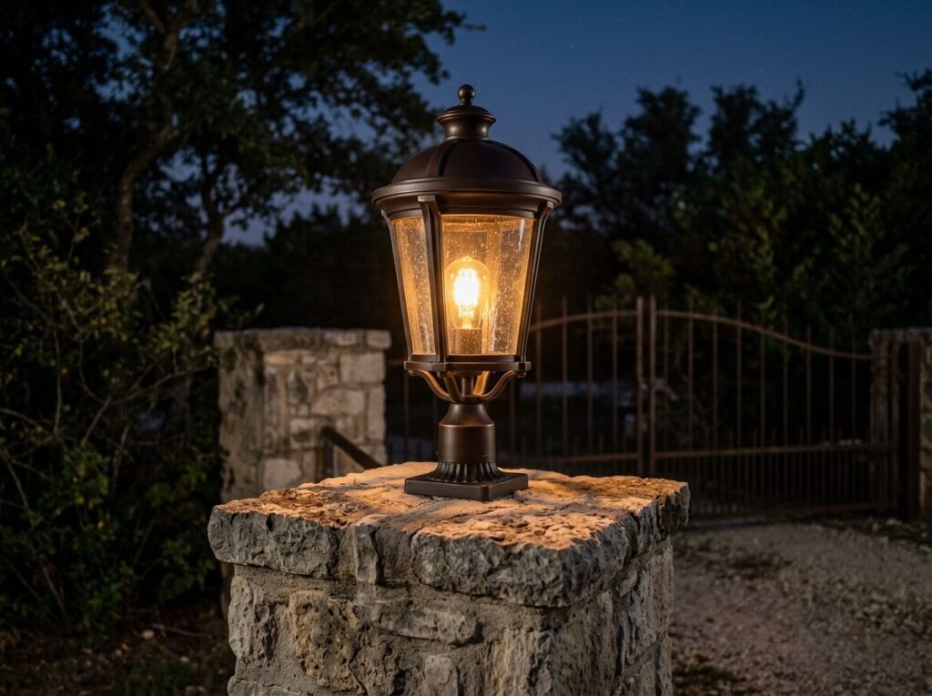 Column Post Light landscape lighting on a stone column, black metal lantern casting warm light downward.