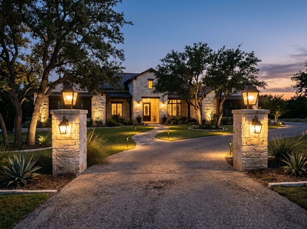 Column Post Light post fixture in black on stone column for landscape lighting, casting warm glow downward.