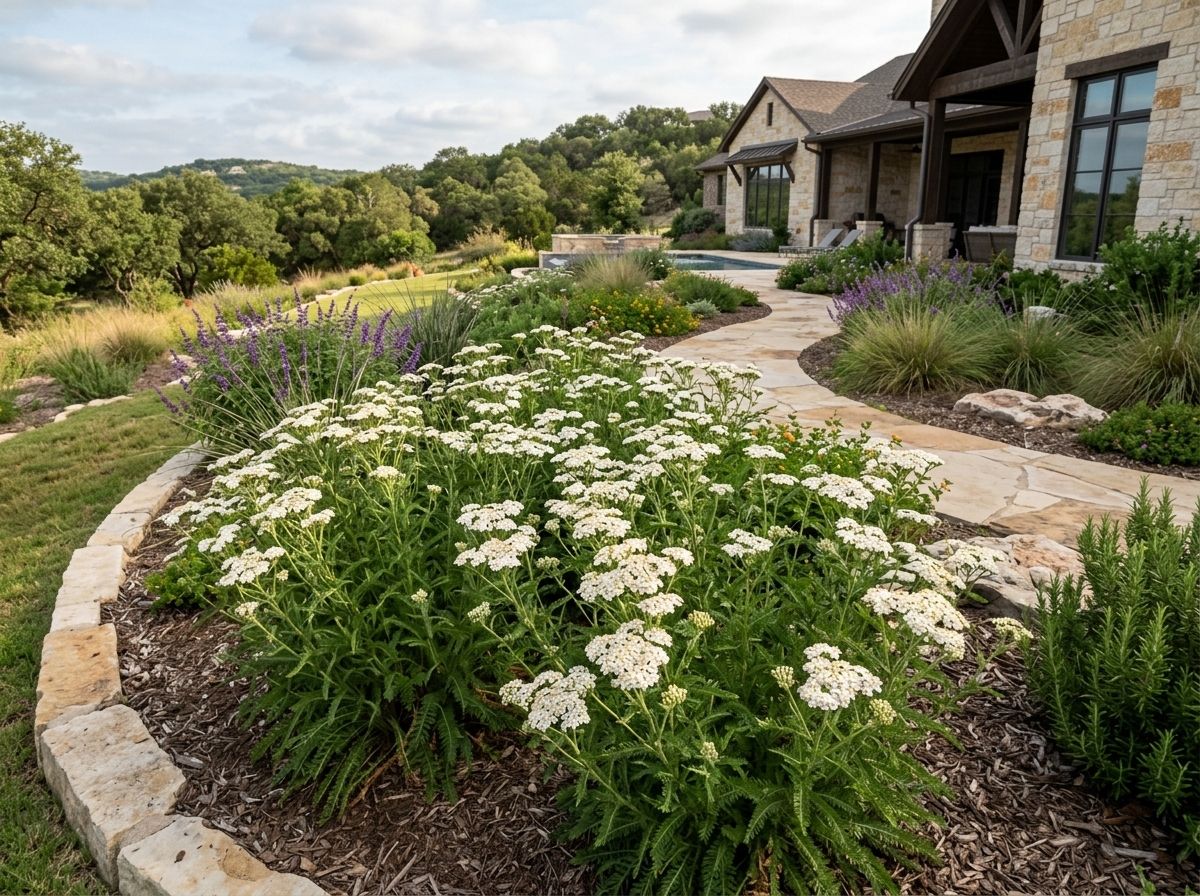 Common Yarrow with flat white flower clusters above feathery green foliage in bloom.