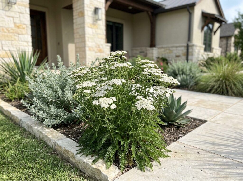 Common Yarrow perennial with flat-topped white flower clusters and feathery green foliage in bloom.