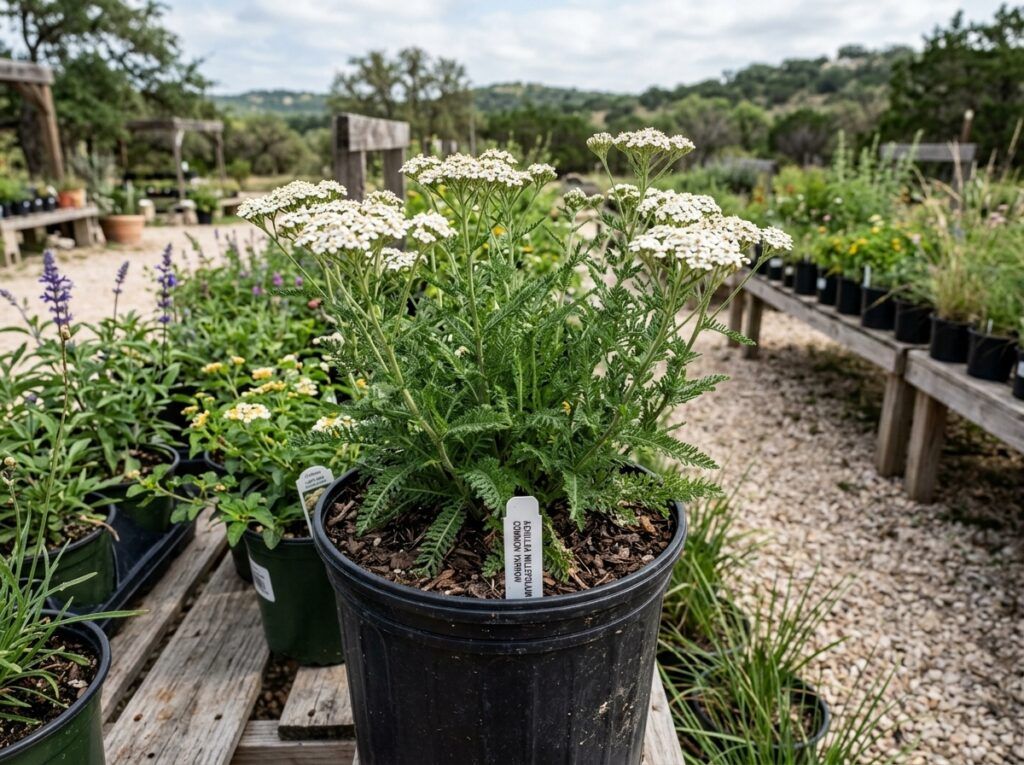Common Yarrow perennial in bloom with white flower clusters and feathery green foliage in a nursery pot.