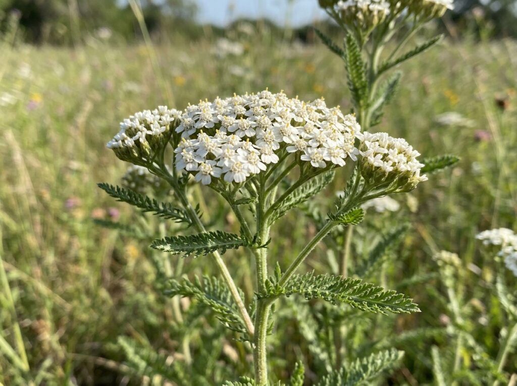Common Yarrow perennial with clusters of white blooms and ferny green foliage in a garden bed.