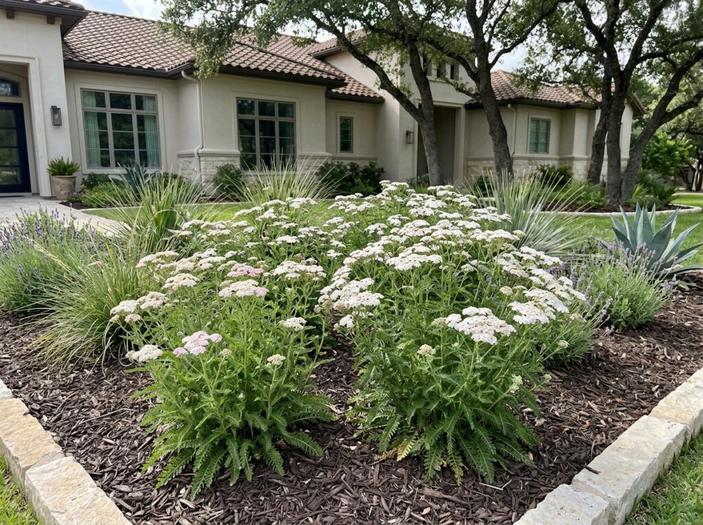 Common Yarrow perennial with white flower clusters and ferny green foliage in a garden bed.