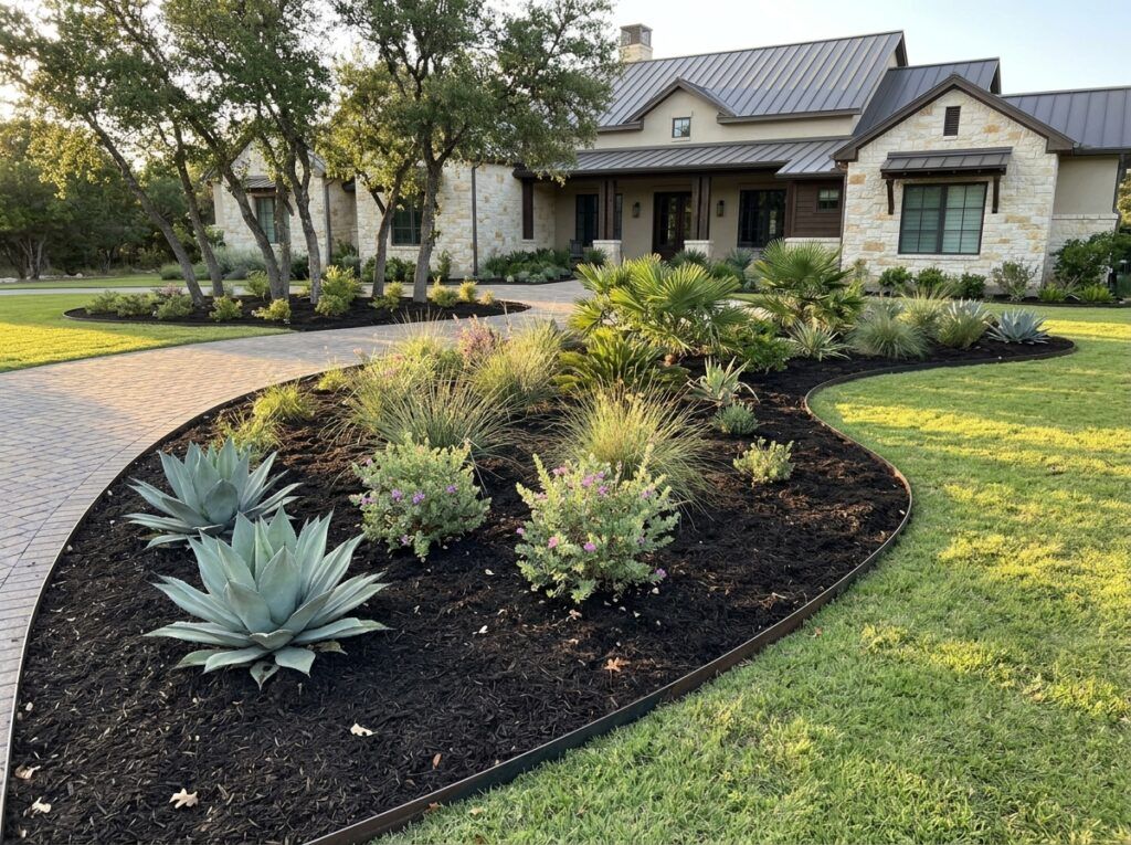 Composted Mulch ground cover spread in a garden bed, dark brown shredded mulch around plants.