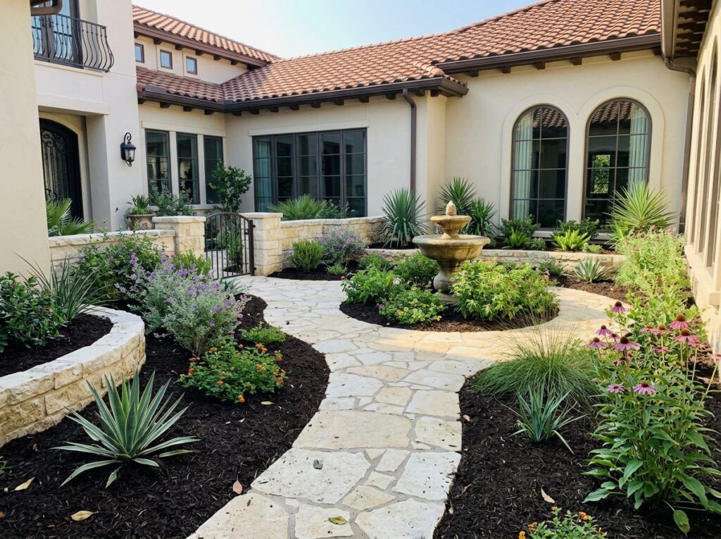 Composted Mulch ground cover spread in a dark brown layer around shrubs in a landscaped bed.