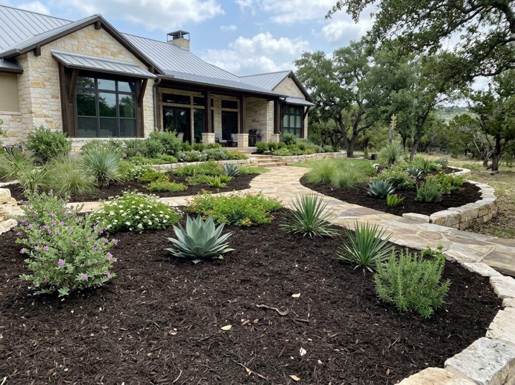 Composted Mulch ground cover spread in a dark brown layer around shrubs along a landscaped bed.