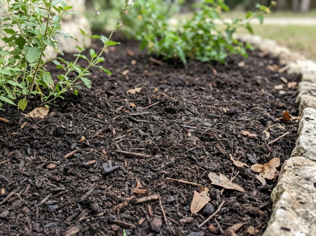 Composted Mulch ground cover in a rich brown, shredded texture spread in a landscaped bed.