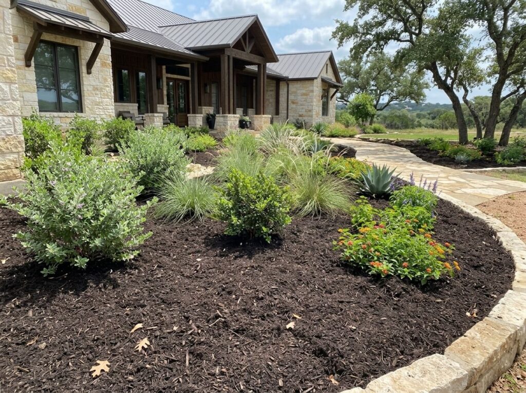 Composted Mulch ground cover spread in a landscape bed, dark brown with a fine, compost-rich texture.