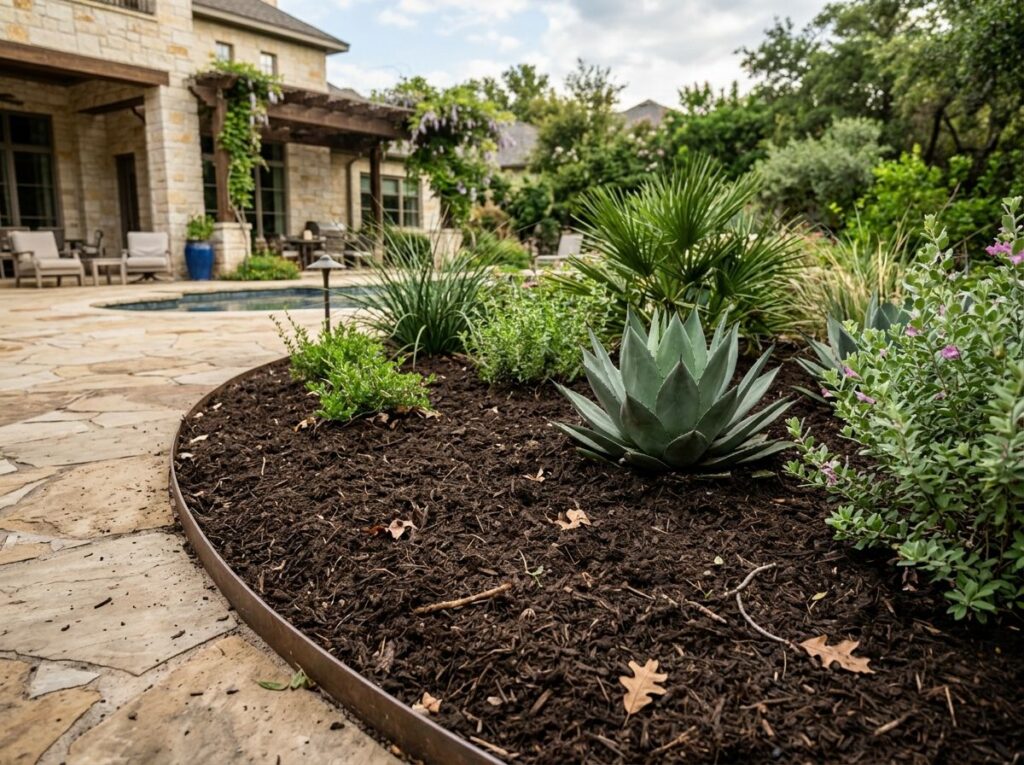 Composted Mulch ground cover spread in a landscape bed, dark brown, fine-textured organic mulch.