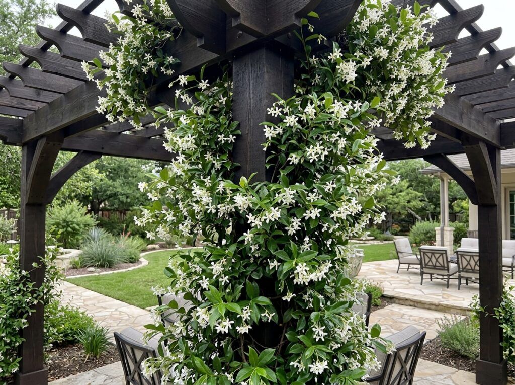 Confederate Jasmine with glossy green leaves and clusters of fragrant white star-shaped flowers.