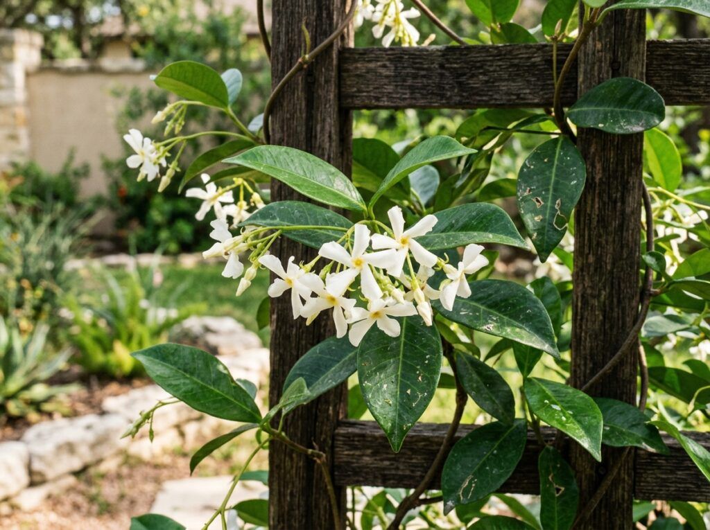 Confederate Jasmine vine with glossy green leaves and clusters of white star-shaped flowers.