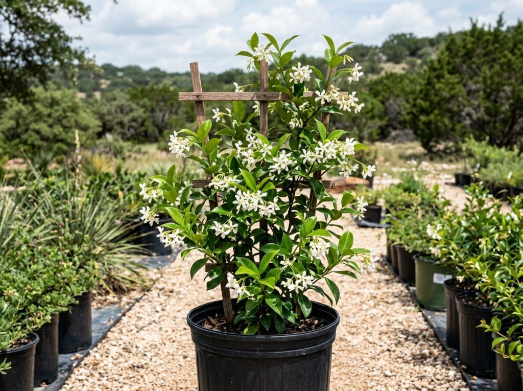 Confederate Jasmine vine in a nursery pot with glossy green leaves and clusters of white star-shaped flowers.