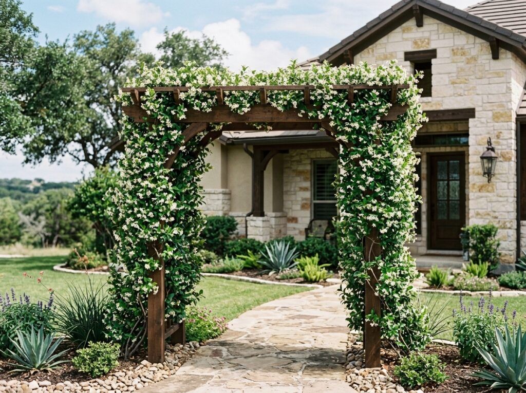 Confederate Jasmine vine with glossy green leaves and small white star-shaped flowers.