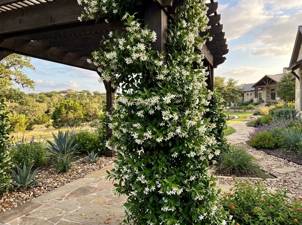 Confederate Jasmine vine with glossy green leaves and clusters of white star-shaped flowers on a trellis.
