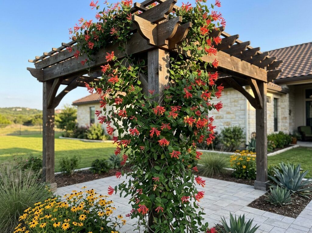 Coral Honeysuckle vine with clusters of coral tubular flowers and green leaves climbing on a support.