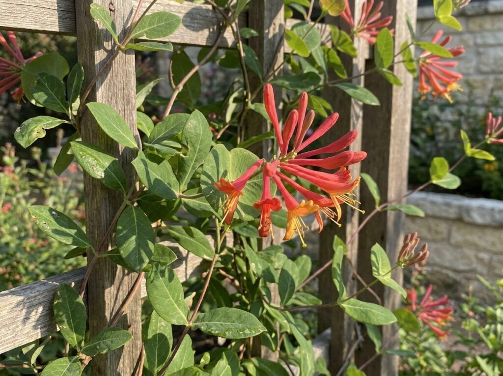 Coral Honeysuckle vine with clusters of coral tubular flowers and green leaves on a trellis.