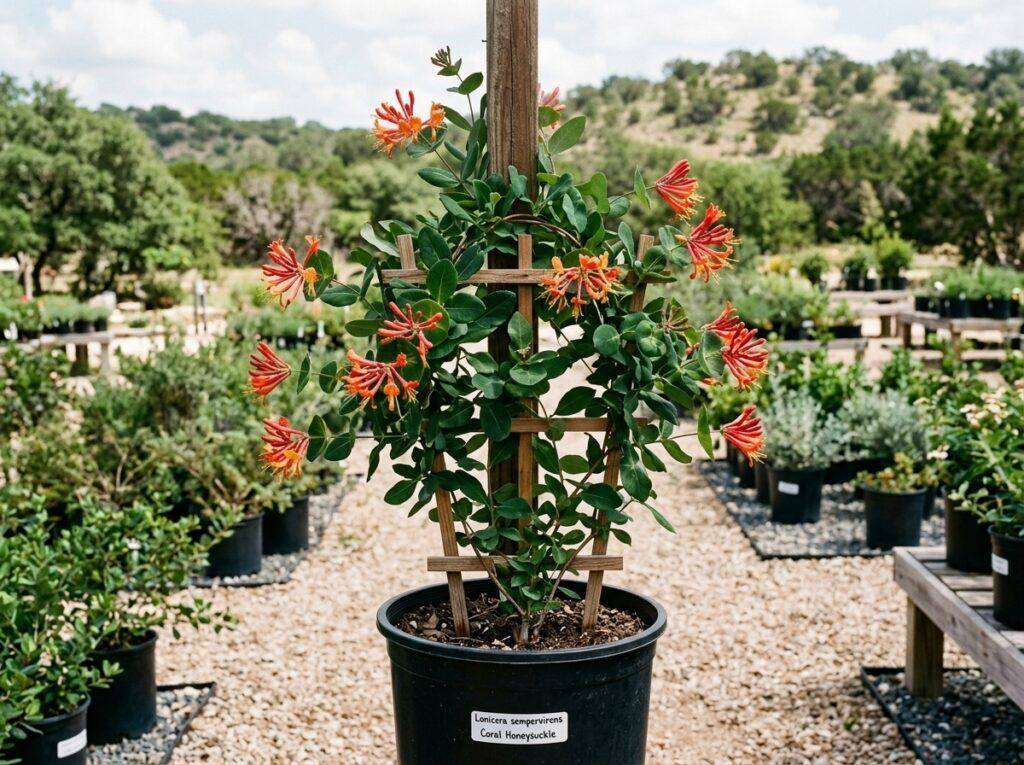 Coral Honeysuckle vine with clusters of coral tubular flowers and green leaves climbing on a support.