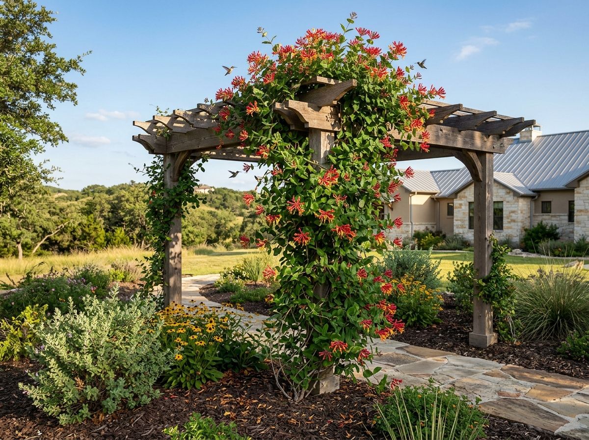 Coral Honeysuckle vine with clusters of coral-orange tubular flowers and glossy green leaves climbing a trellis.