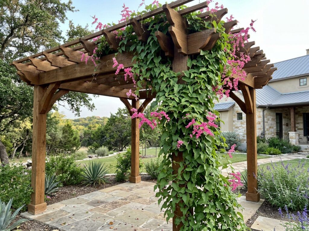 Coral Vine with cascading pink flower clusters and heart-shaped green leaves climbing a trellis.