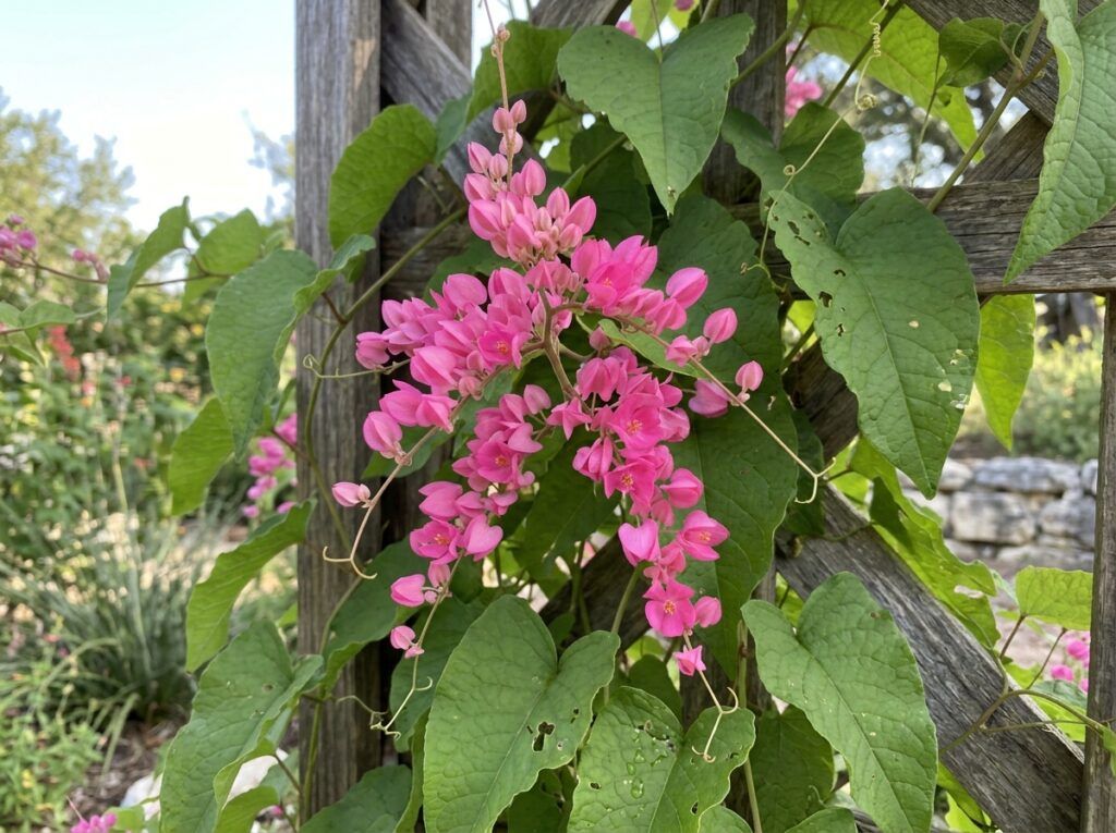Coral Vine climbing on a trellis with cascading pink flower clusters and heart-shaped green leaves.