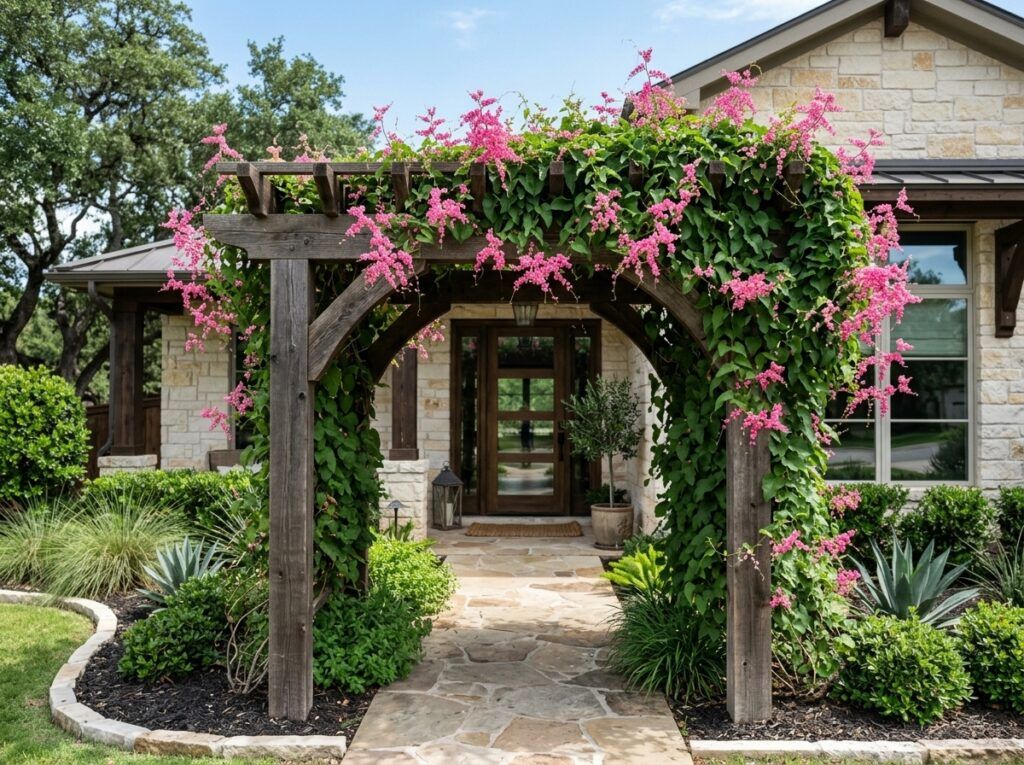 Coral Vine climbing vine with heart-shaped green leaves and clusters of bright pink flowers on support