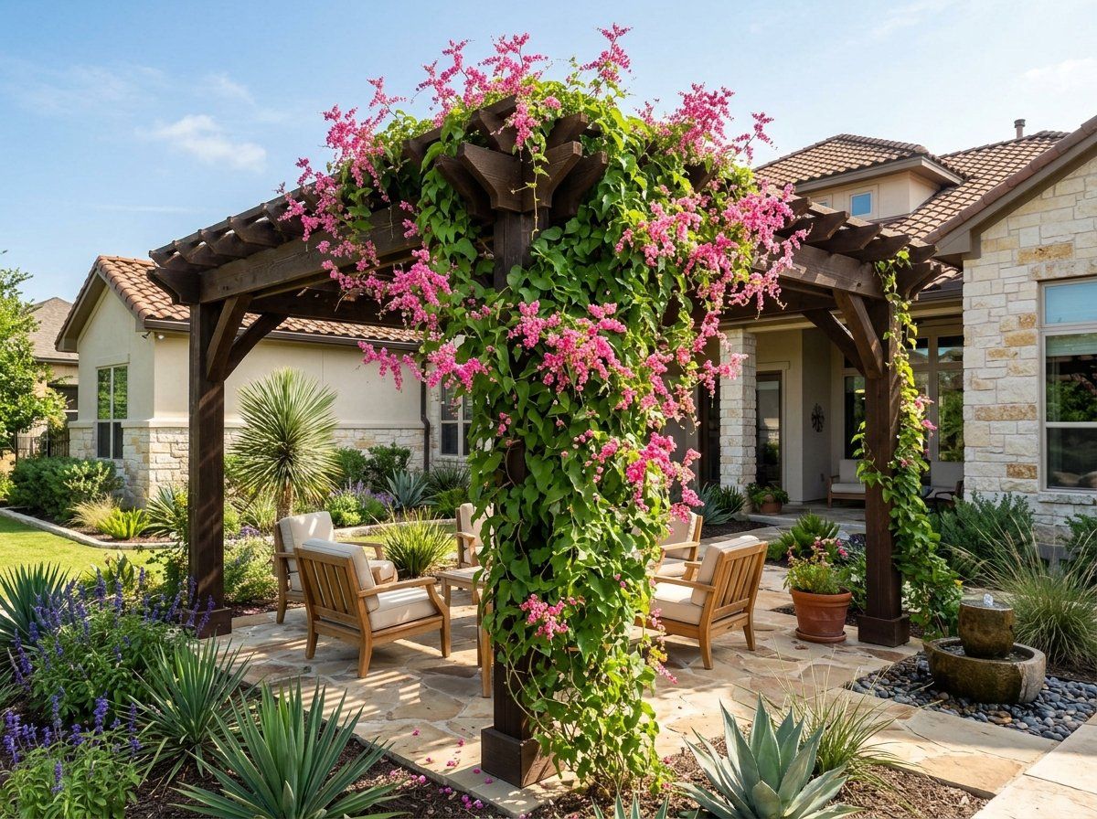 Coral Vine climbing vine covered in clusters of pink flowers on a garden trellis.