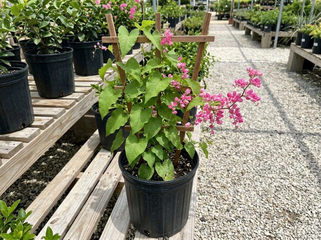 Coral Vine with clusters of pink flowers and heart-shaped green leaves climbing on a trellis.