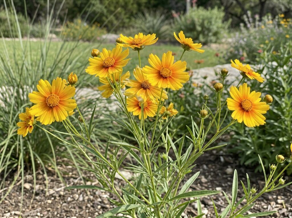 Coreopsis perennial with bright yellow daisy-like blooms and green foliage in a black nursery pot.
