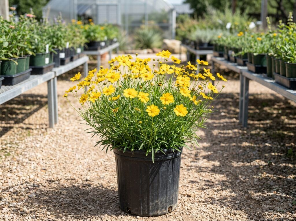 Coreopsis perennial with bright yellow daisy-like blooms and green foliage growing in a garden bed.