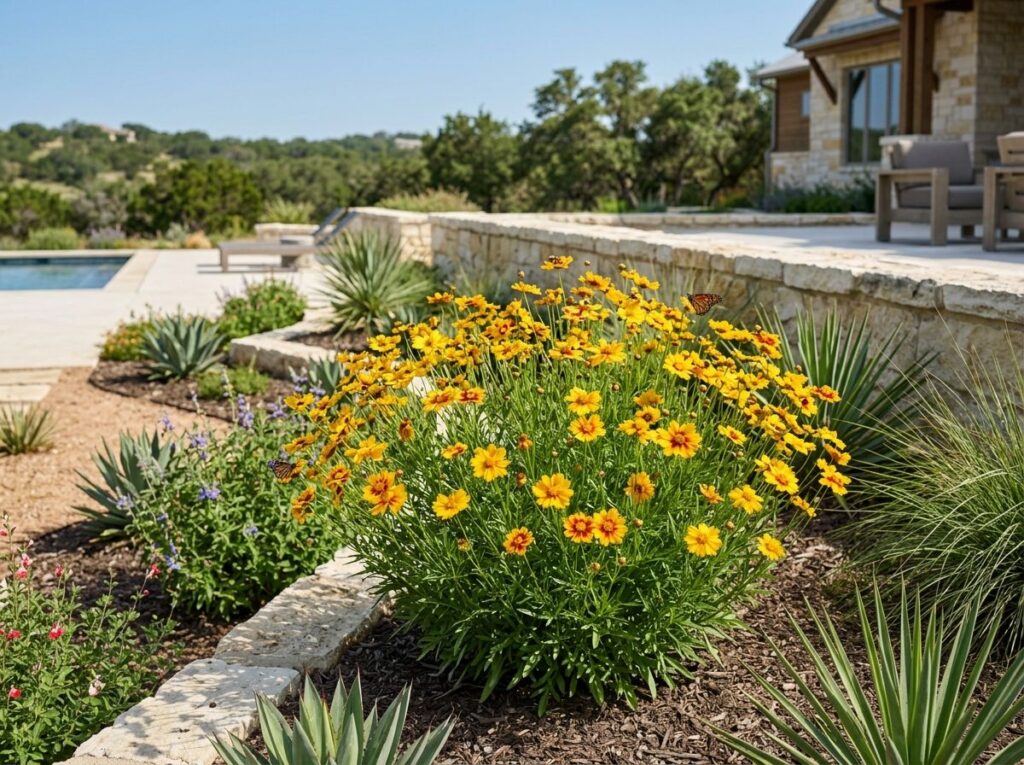 Coreopsis perennial with bright yellow daisy-like blooms and green foliage in a garden bed.