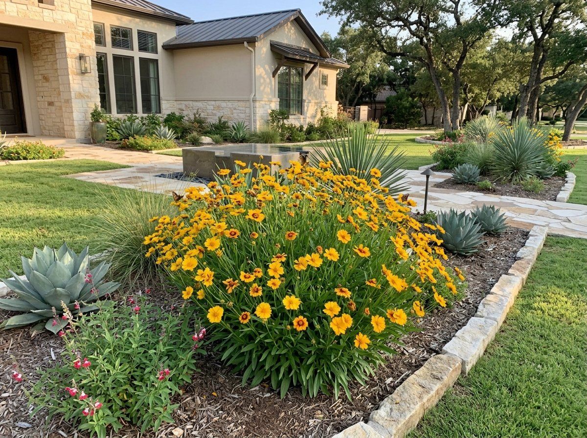 Coreopsis perennial with bright yellow daisy-like flowers and green foliage in bloom.
