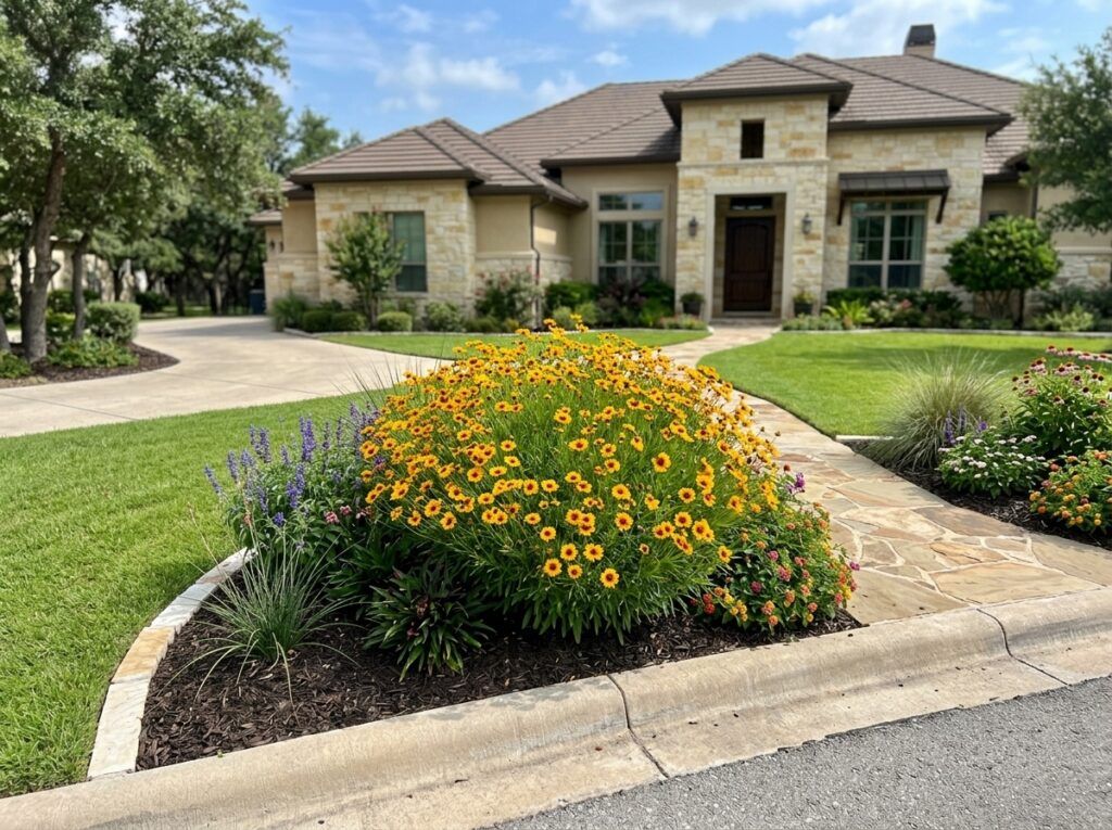Coreopsis perennial in a container, showing dense green foliage with bright yellow daisy-like blooms.