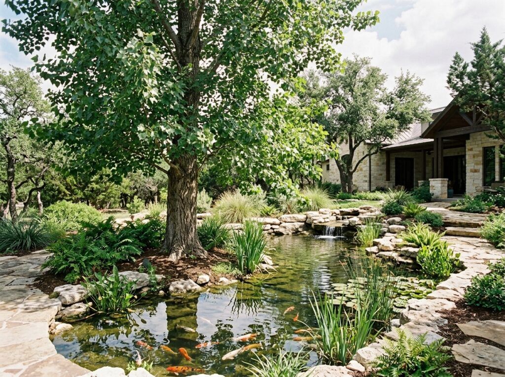 Cottonwood tree with a full green canopy and straight trunk, shown as a mature specimen in a landscaped yard.