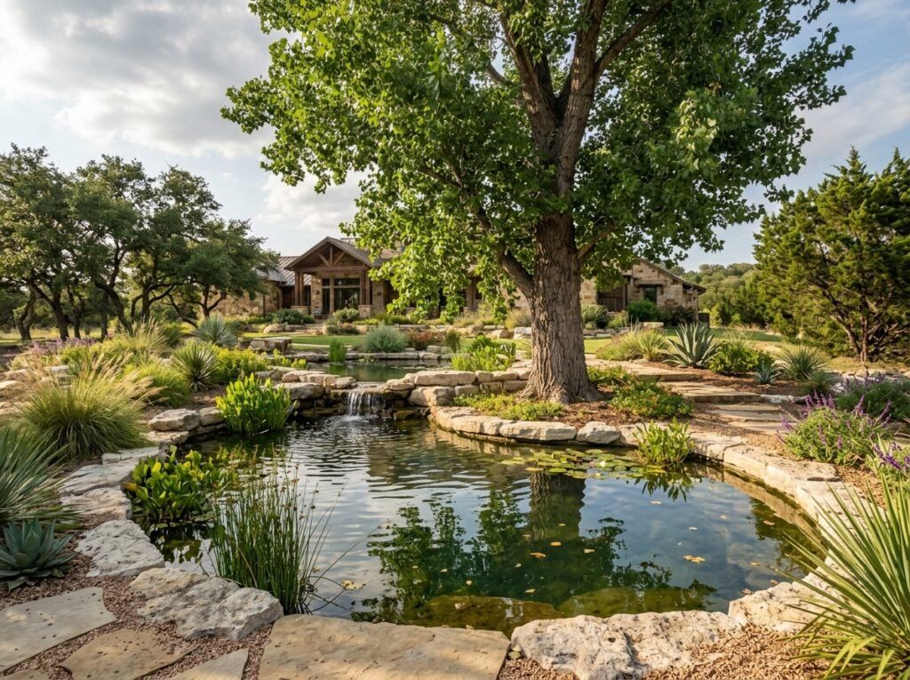 Cottonwood tree with tall straight trunk and broad green canopy in a landscaped yard.