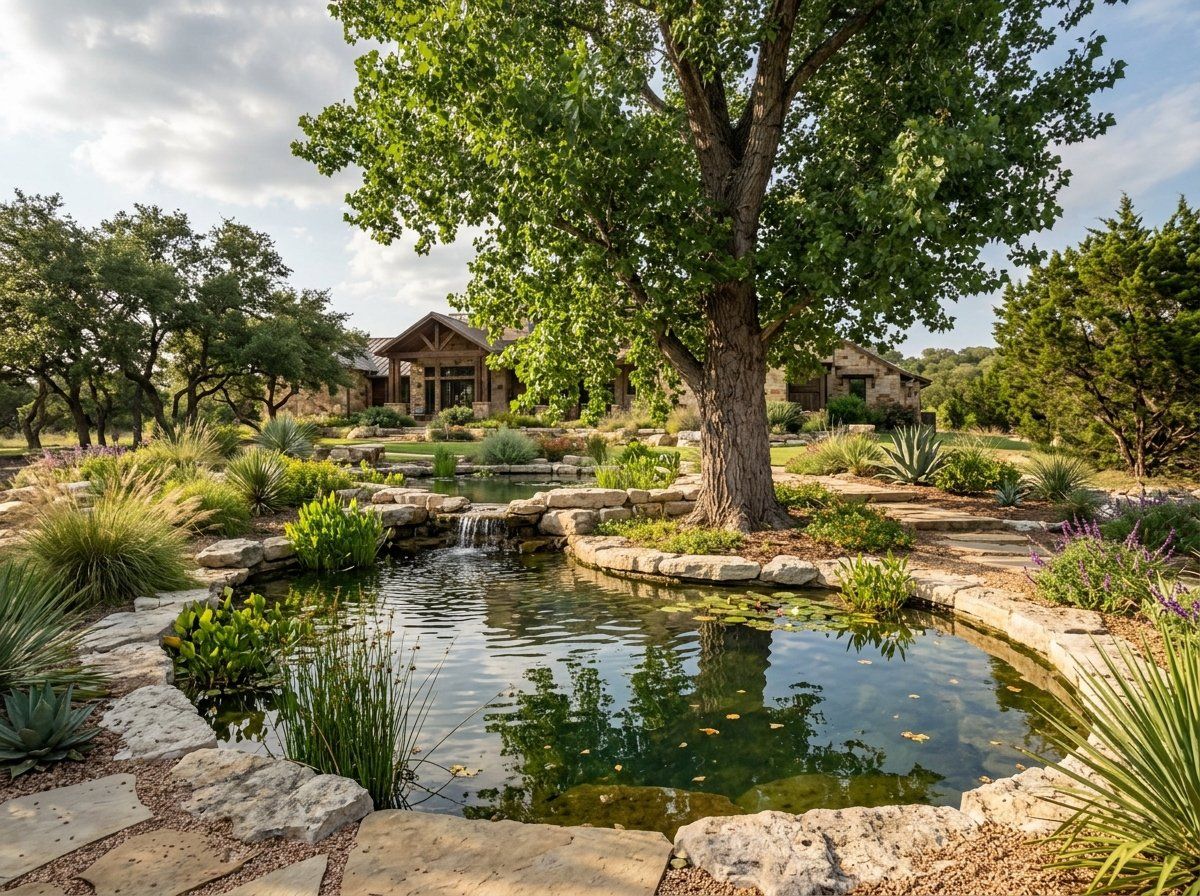 Cottonwood tree with tall straight trunk and broad green canopy in a landscaped yard.