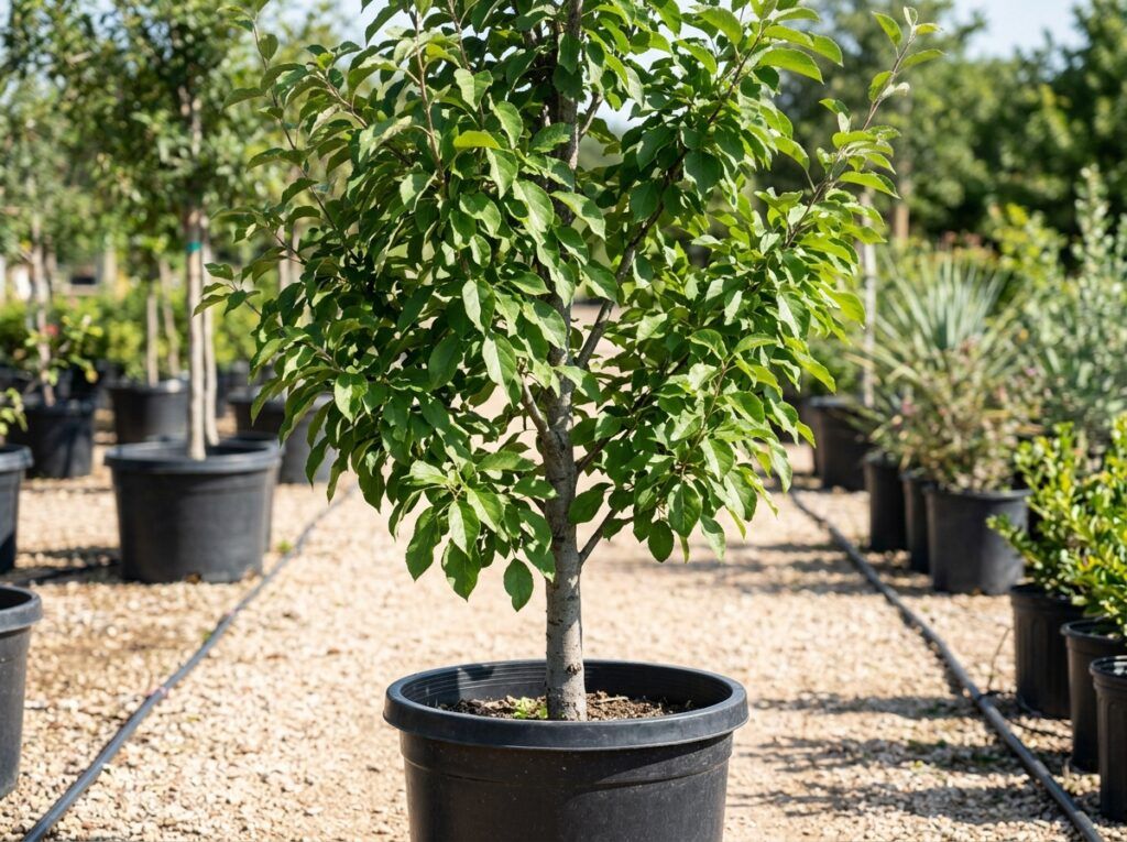 Crab Apple tree in a black nursery pot, with dense green foliage on a clean white background.
