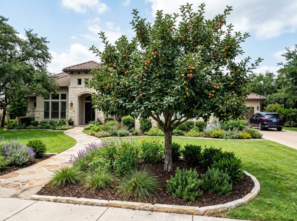 Crab Apple tree in a nursery pot with dense green foliage and branching canopy.