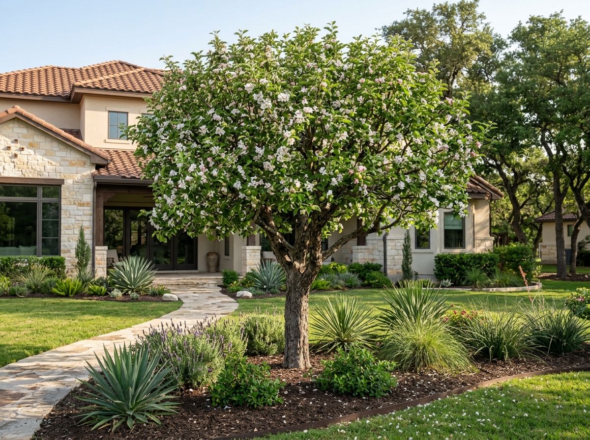 Crab Apple tree with pink spring blossoms and green leaves in a landscaped yard.