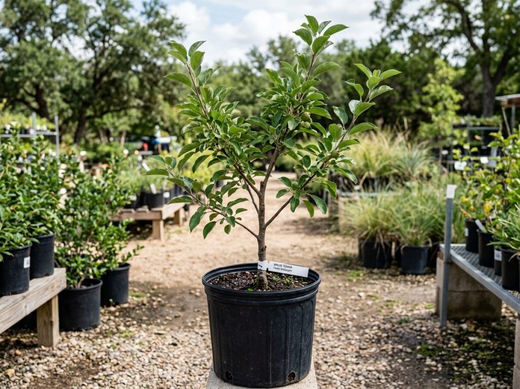 Crabapple tree with dense green foliage growing in a black nursery pot.