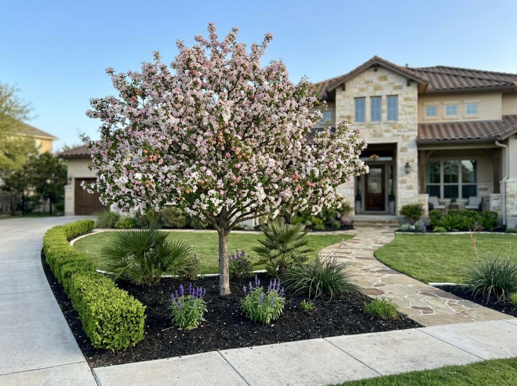Crabapple tree with pink blossoms and green foliage, shown as a single mature specimen against a light background