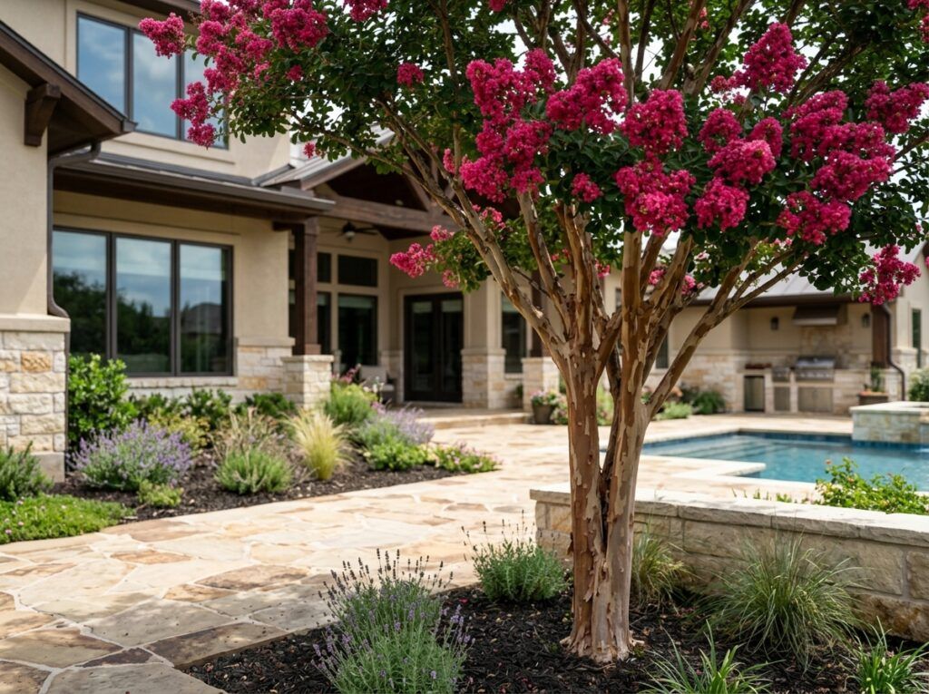 Crape Myrtle tree in a black nursery pot with green foliage and clusters of bright pink blooms.