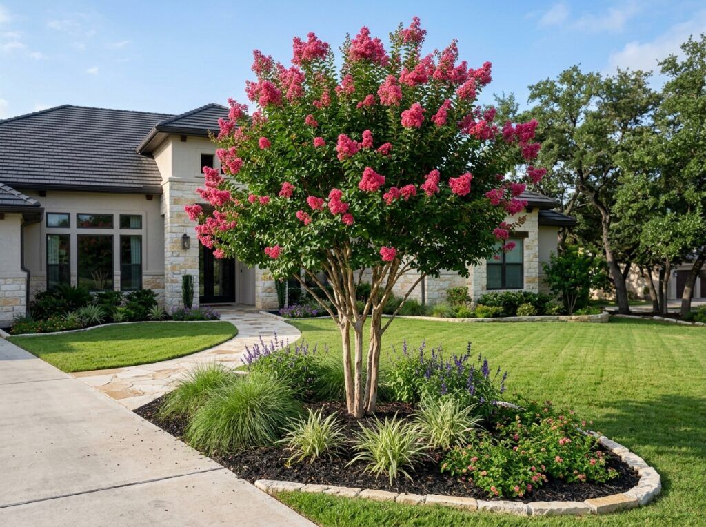 Crape Myrtle tree in bloom with clusters of pink flowers and glossy green leaves in a landscaped setting.