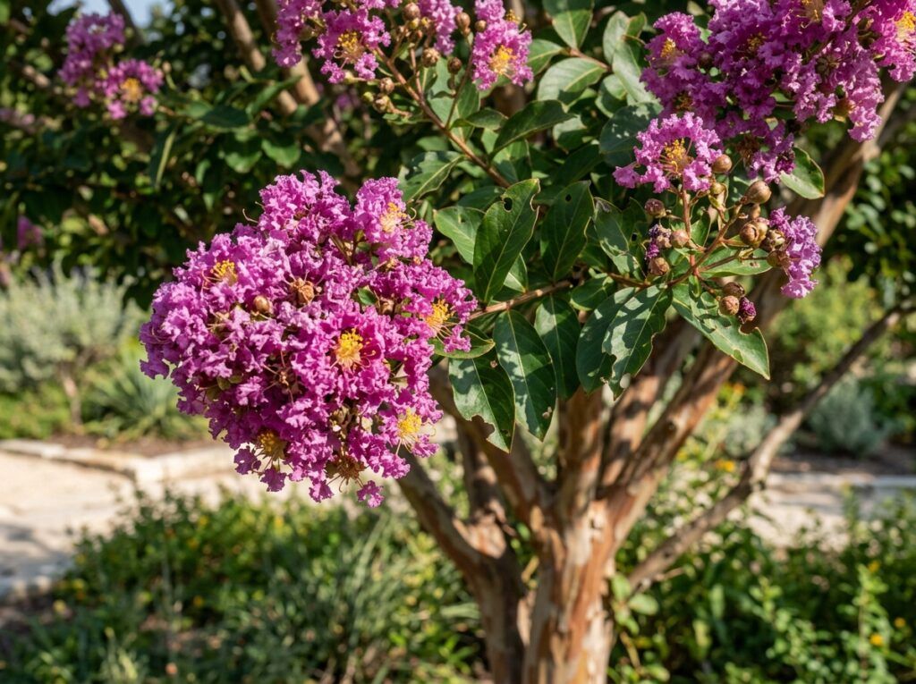 Crape Myrtle tree in a nursery pot, covered in bright pink flower clusters and green foliage.