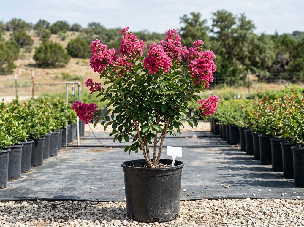 Crape Myrtle tree with clusters of pink blooms and green foliage in a nursery container.