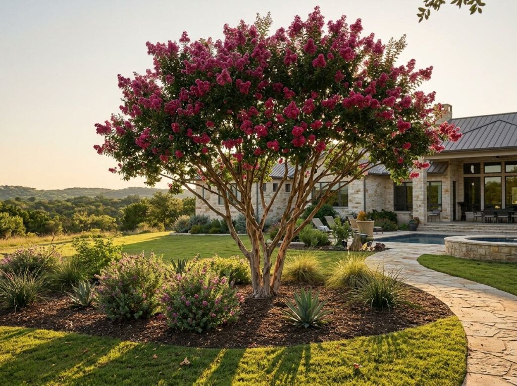 Crape Myrtle tree with clusters of pink flowers and green foliage in a landscape planting.